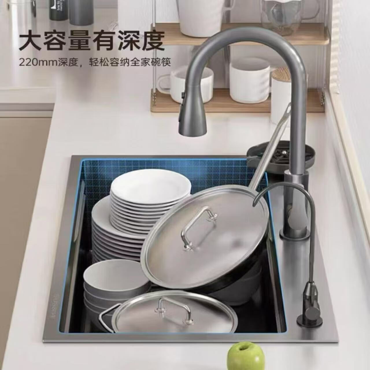 九牧(JOMOO)5.0厚304不锈钢厨房飞雨米粒水槽大单槽洗菜盆加厚中洗菜池洗碗槽 抽拉龙头套餐(单龙头) 65*45cm(需要左排水下单备注)