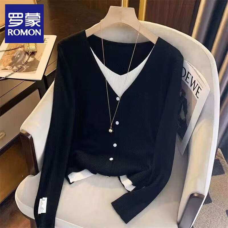 罗蒙（ROMON）V领假两件长袖针织衫女早秋季2026新款打底衫减龄洋气毛衣上衣 黑色 M