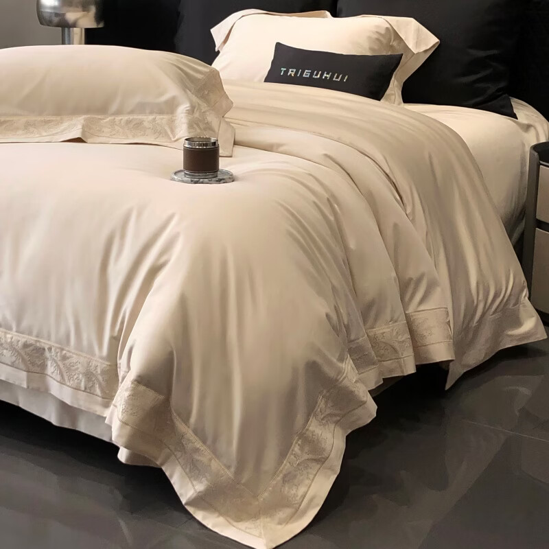 ROLAND LIVE轻奢风镂空边全棉四件套床单被套简约透气双人床柔软纯棉床上用品 TGH 全棉四件套-仙本那奶油米 1.5米床 床单款 【被套200*230cm】