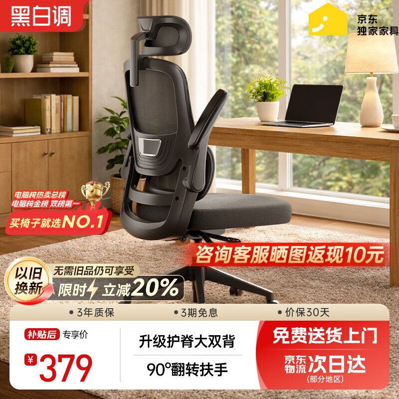 黑白调P1二代 人体工学椅电脑电竞椅子人工力学座椅办公椅 双背联动扶手