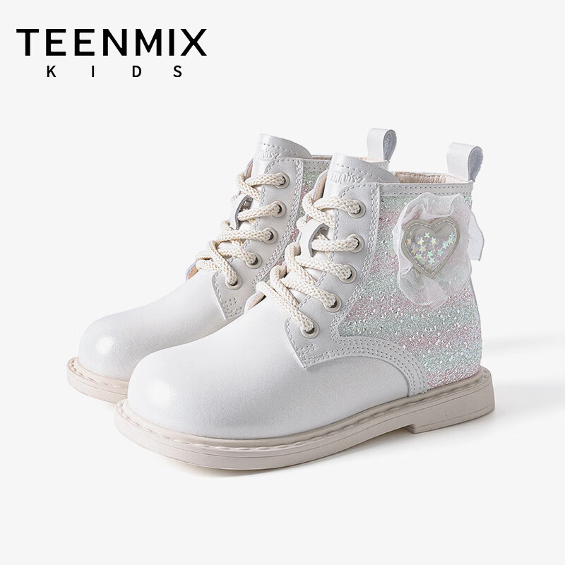 天美意童鞋2026年女童马丁靴春秋新款儿童短靴时尚百搭公主靴子爱莎保暖 米白色 26