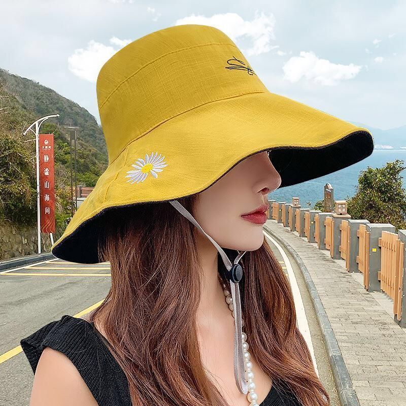 女夏天日系遮脸潮百搭遮阳大沿太阳防晒帽子 双面款 黄和黑色带防风绳