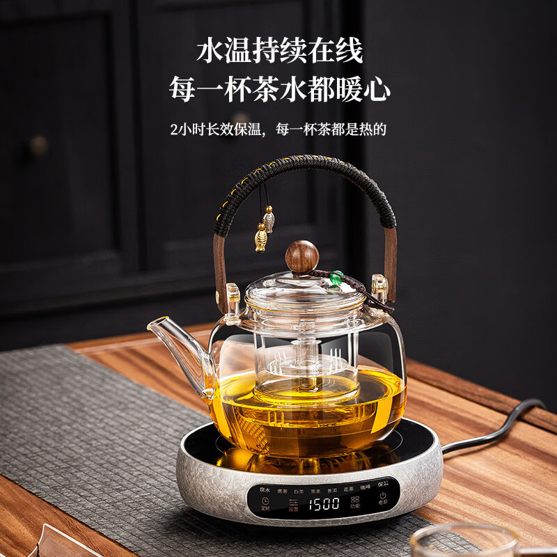 溥畔电陶炉煮茶小型煮茶器煮茶炉2026新款烧水泡茶电磁炉养生茶壶 木纹色电陶炉+禅道壶（蒸煮双胆）1000ML