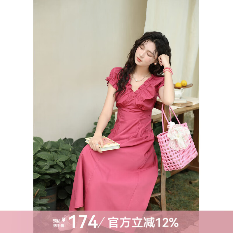 谜秀木耳边V领收腰法式连衣裙女2026春季夏季新款女装设计感中长裙子 玫红色 M
