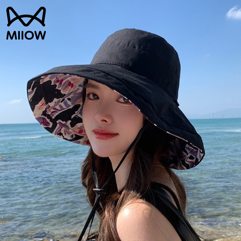 猫人棉双面遮阳渔夫帽女防晒春秋夏季户外出游遮脸大沿太阳帽子可折叠 米色 均码（56-58cm）