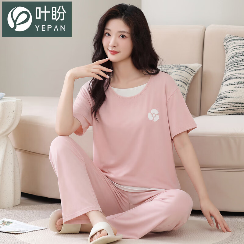 叶盼（yepan）【柔软】莱卡纯棉睡衣女夏季短袖长裤夏天薄款休闲女款家居服套装 1402-淡粉 M (160) ：建议80-100斤穿着