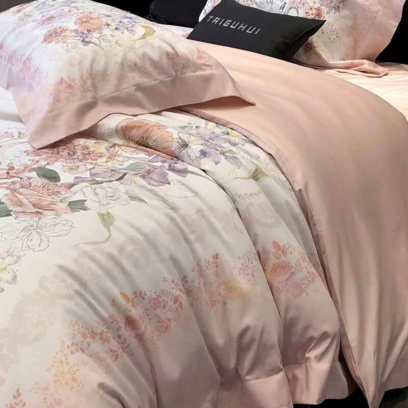 ROLAND LIVE新疆长绒棉四件套花园风全棉裸睡被套床单双人床纯棉床上用品 TGH 长绒棉四件套-木槿花都粉色 1.5米床 床单款 【被套200*230cm】