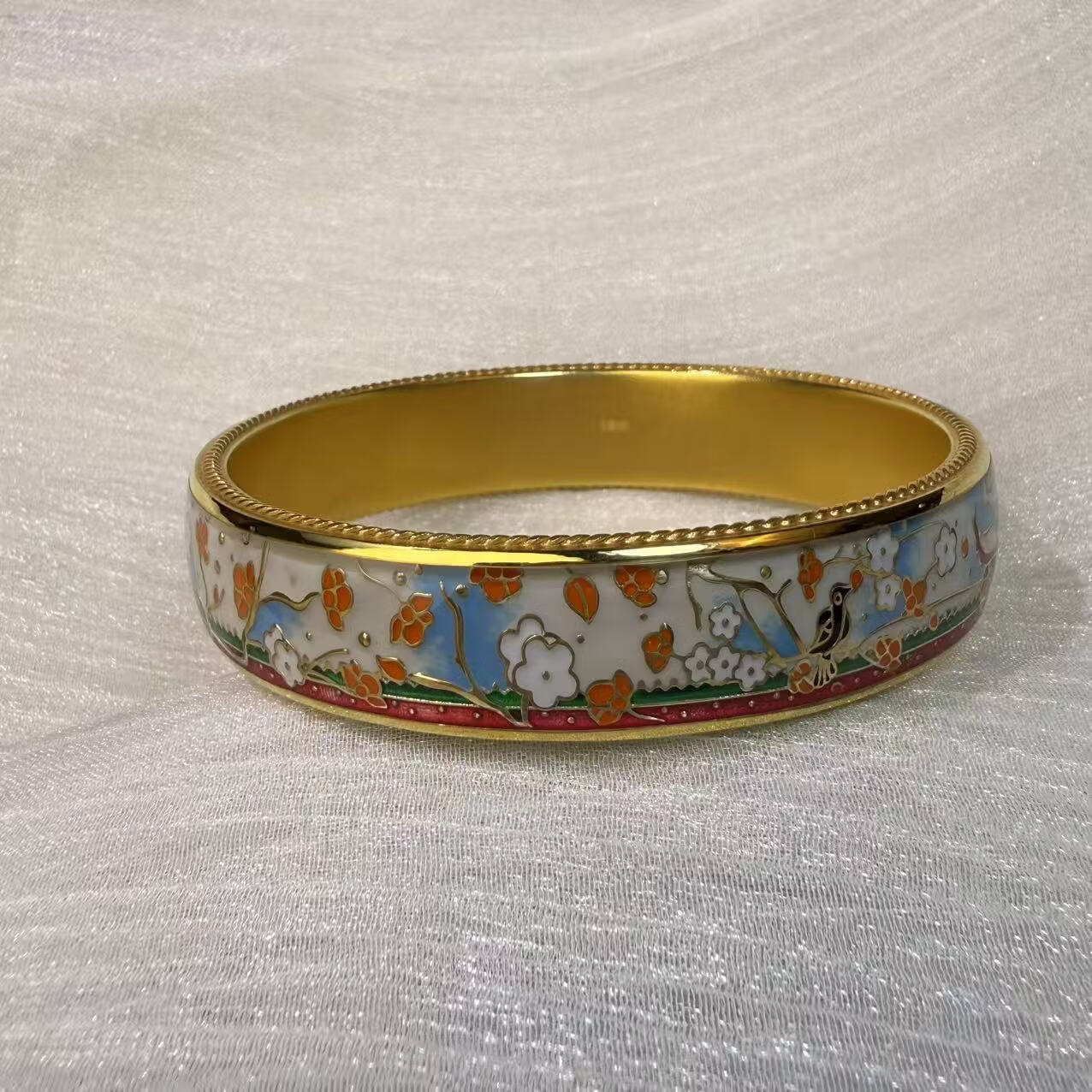 钻之银民族风珐琅彩手镯足银999鎏金拍平工艺 黄色 60圈口约60克