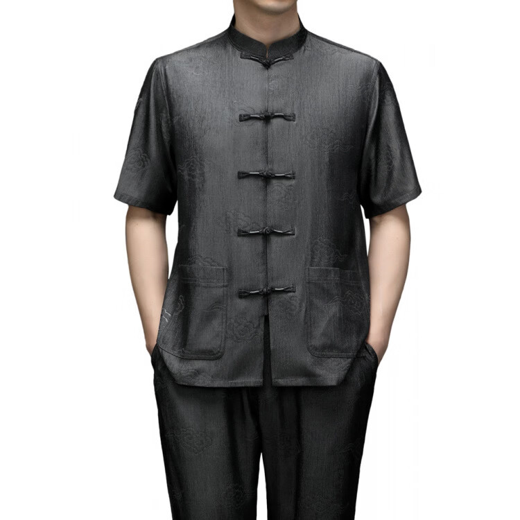 恒源祥唐装男夏季短袖桑蚕丝中年爸爸中式国风中山装棉麻老人套装 浅灰 【上衣+裤子】 4XL 195 建议180-210斤