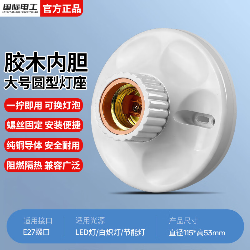 国际电工E27螺口通用型灯头灯座家用明装可控LED节能灯泡明线平口底座 彩心中厚(胶木内胆) 1只装