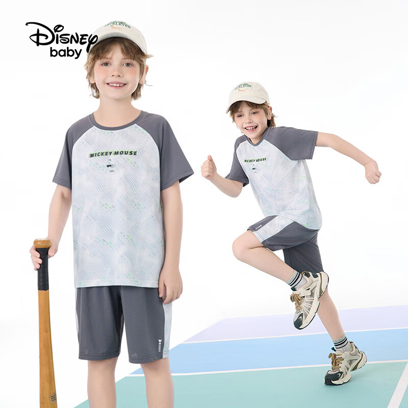 迪士尼（Disney）童装男女童运动套装夏季新款男女童短袖短裤两件套 渐变网球服 灰底几何 130 高125-135cm重50-60斤