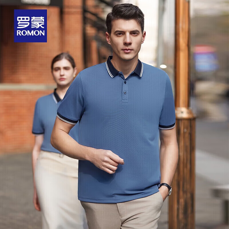 罗蒙（ROMON）短袖T恤衫男宽松弹力撞色polo领夏季新款商务休闲上衣 海蓝 2XL (185) 【建议140-155斤】