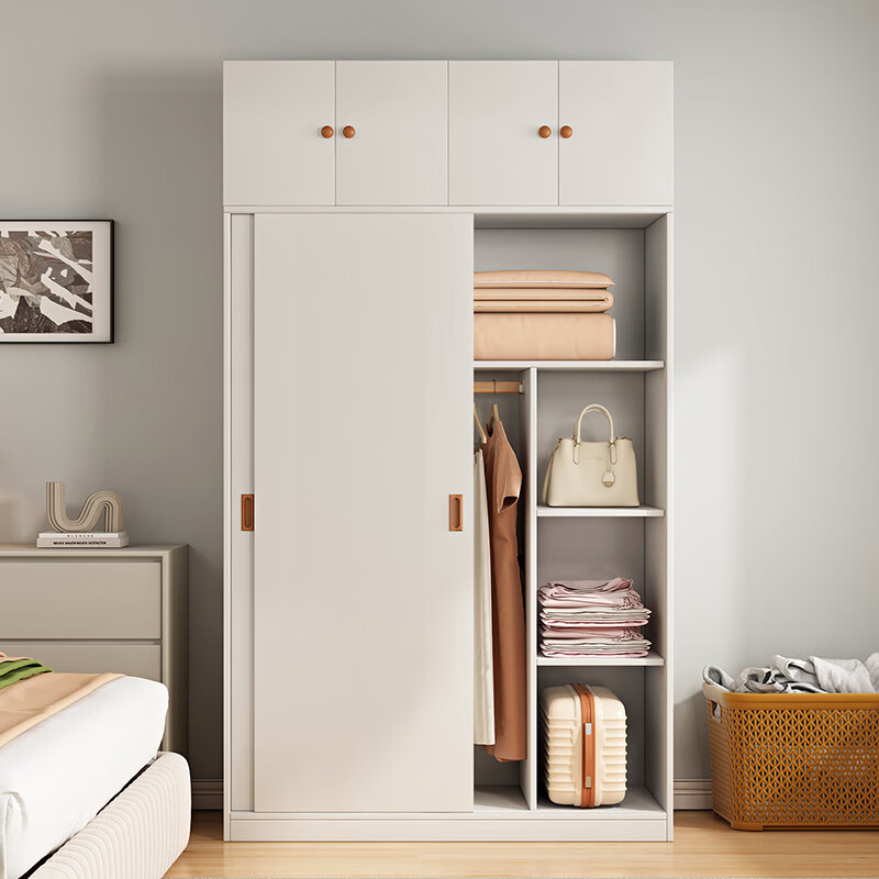 溥畔实木衣柜家用卧室奶油风全实木可定制儿童移门大衣橱储物收纳柜 160长50宽180高+顶柜 整装