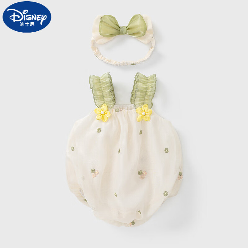 迪士尼（Disney）婴儿连体衣夏季无袖吊带三角哈衣女宝宝爬服新生儿公主包屁衣 【仓库现货-优先发】(送发带)米色绣花吊带哈衣23X691 66cm 尺码66建议身高59-