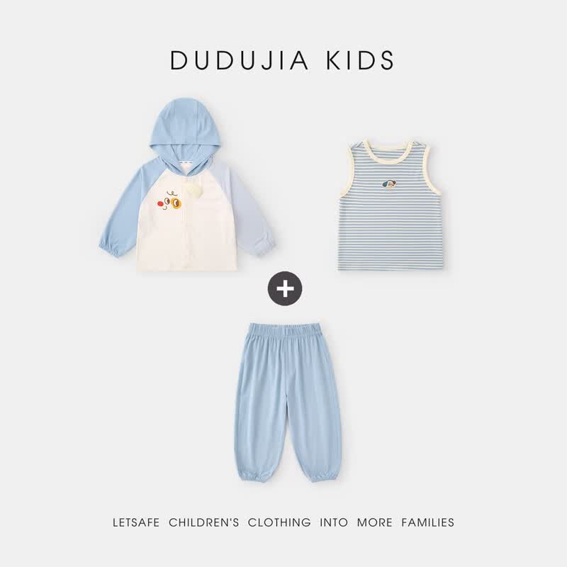 嘟嘟家【UPF50+ 3件套】儿童套装夏季男童防晒外套夏款女童背心宝宝裤子 浅灰蓝 三件套 90