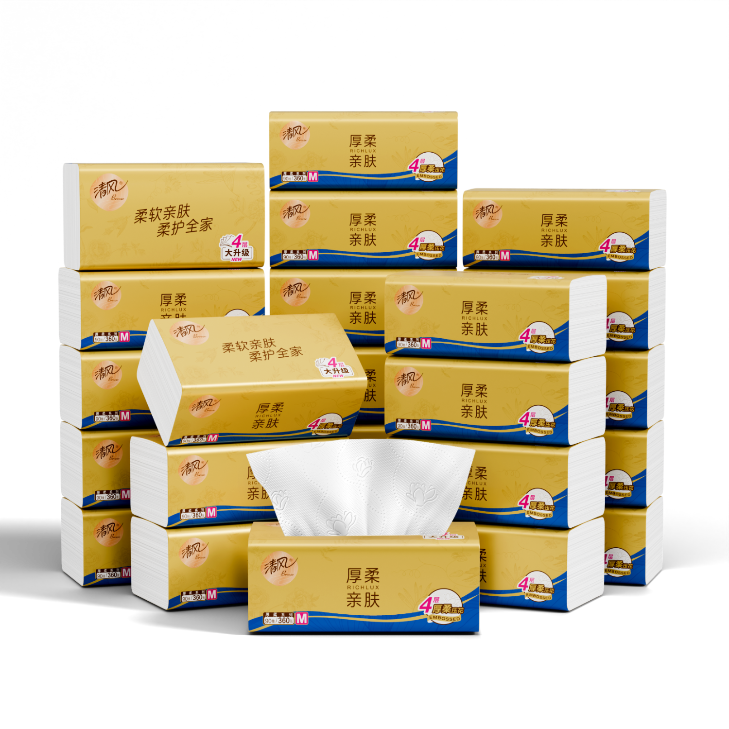 清风抽纸 厚柔4层90抽24包M码 可湿水卫生纸 餐巾纸 纸抽 整箱纸巾