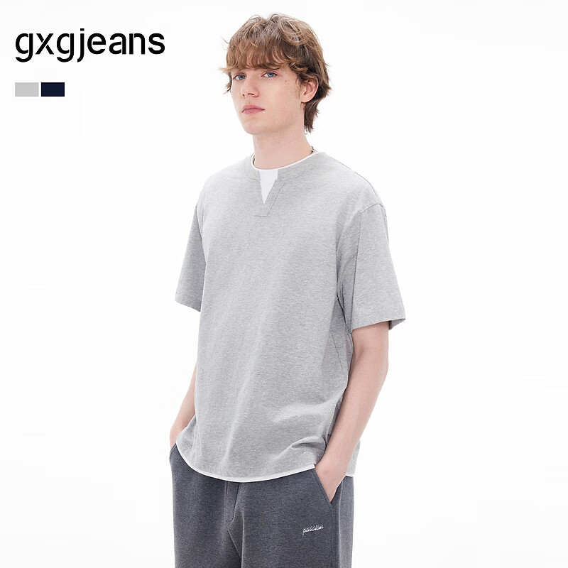 gxgjeans男装  假两件拼接简约休闲短袖T恤男生上衣 26夏新品 灰色 L (175)