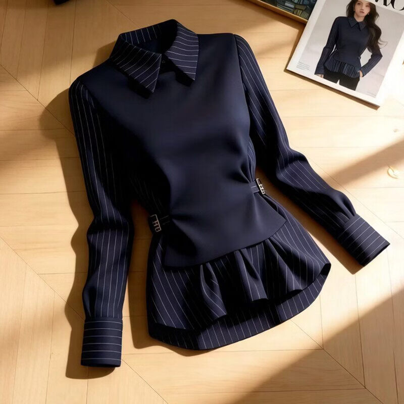 【专柜品质】2026春夏新款时尚假两件衬衫韩系设计百搭休闲衬衣JL 藏青色 L 110-120斤