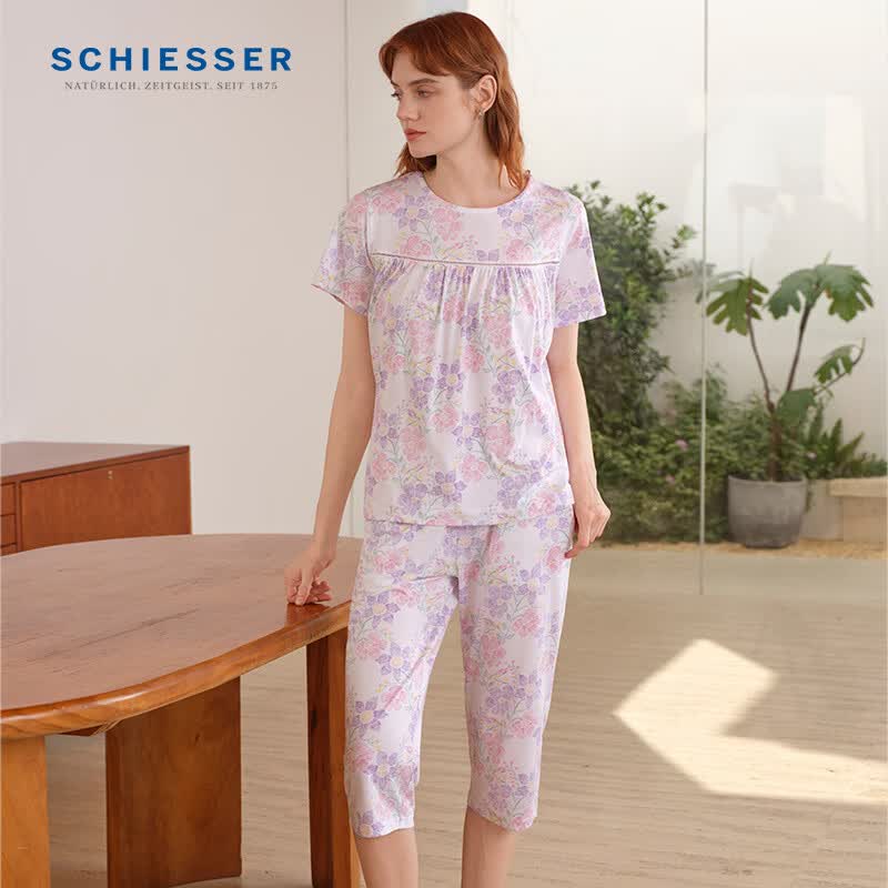 舒雅（Schiesser）女士圆领棉莫代尔印花短袖七分裤睡衣家居服套装E1/26399H 粉红 3XL