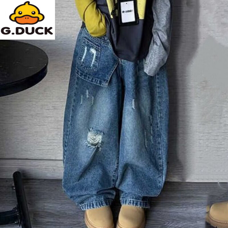 G.duck女童棉长袖假两件t恤套装26新款中大童洋气时髦牛仔阔腿裤两件套 浅杏色棉假两件T恤+蓝色破洞牛仔裤【套装】 120