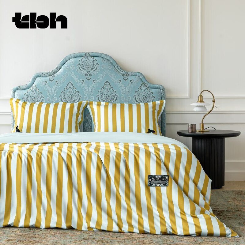 野兽派家居（tbh）床上四件套都市野兽黑豹全棉缎纹印花床上用品套件 黑豹全棉缎纹色织床品 蓝绿条纹 1.2m床 床单款 （被套150*210cm）