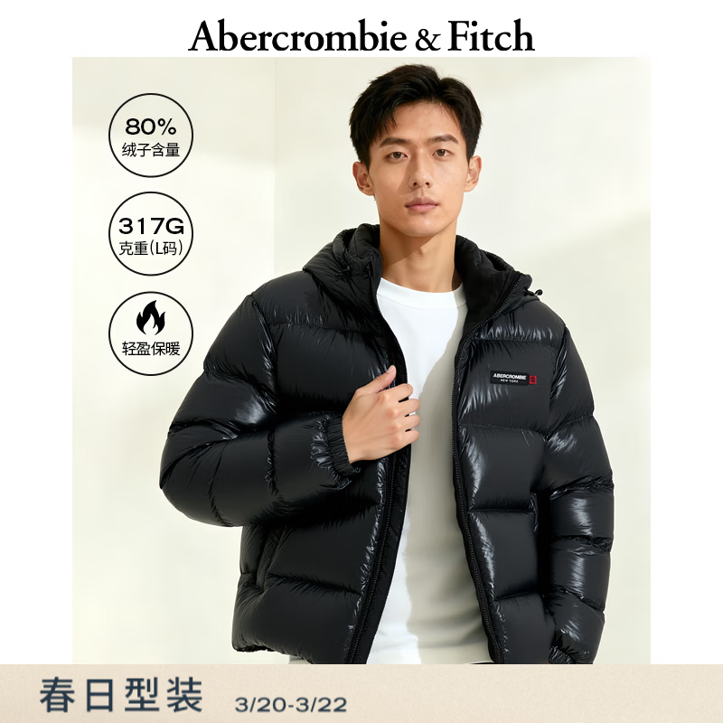 Abercrombie &amp; Fitch美式时尚双拉链LOGO加厚连帽羽绒服外套25秋冬男装132-5198 黑色 S (175/92A)