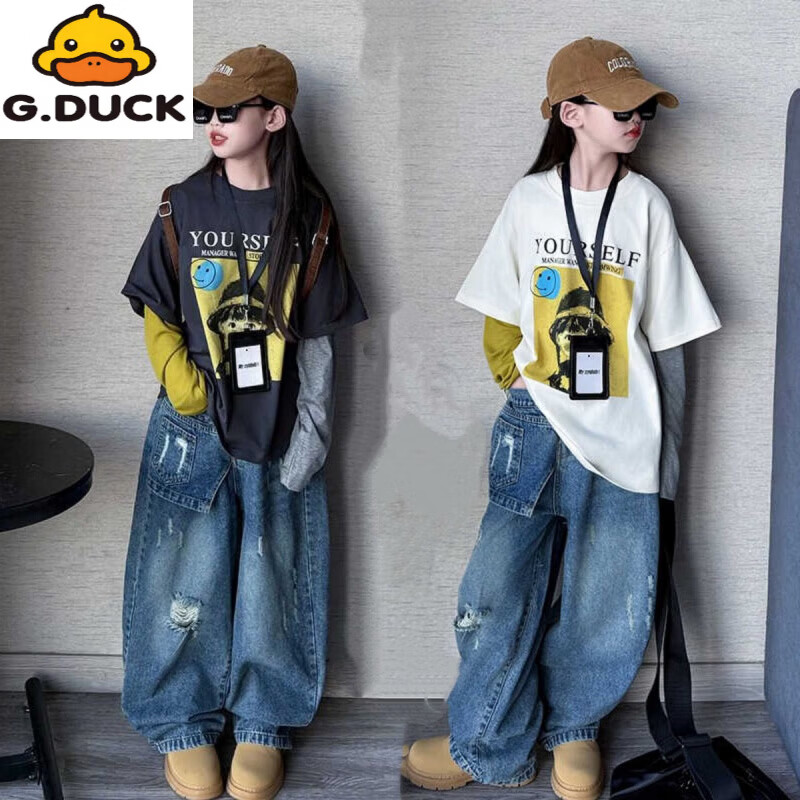 G.duck女童棉长袖假两件t恤套装26新款中大童洋气时髦牛仔阔腿裤两件套 浅杏色棉假两件T恤+蓝色破洞牛仔裤【套装】 120