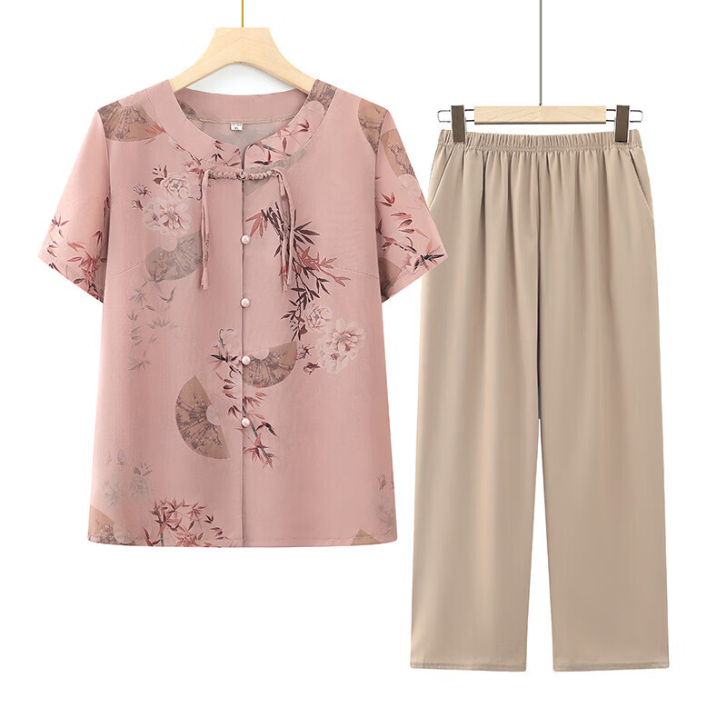 俞兆林(YUZHAOLIN)母亲节衣服奶奶冰丝夏装妈妈6070岁套装中老年人衣服女太太夏季 浅咖色(套装) 2XL 建议(100-115斤)