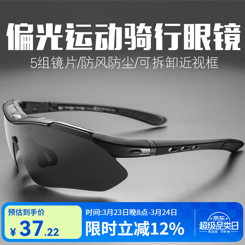 洛克兄弟（ROCKBROS）骑行眼镜偏光变色近视男女户外运动跑步防风沙自行车装备 （5镜片 偏光）经典款亮黑