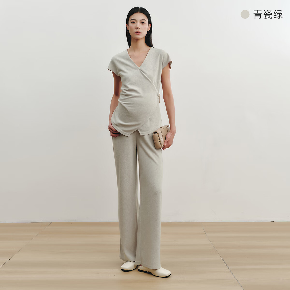 Sellynear孕妇装春夏新款套装时尚宽松针织V领上衣长裤外穿两件套 青瓷绿 S