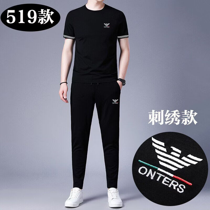 阿玛尼(ARMANI)正品男士桑蚕丝休闲运动套装桑蚕丝黑色短袖长裤组夏高端专柜 十大奢侈品男装国际一线品牌黑色(HL1619短袖+长裤) L 170__(建议120-140斤)