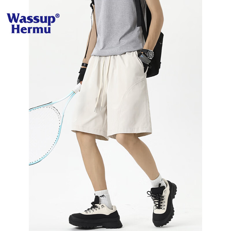 WASSUP HERMU官方短裤男夏季户外徒步速干工装裤薄款凉感透气休闲运动四分裤 米白色 XL （推荐130-150斤）