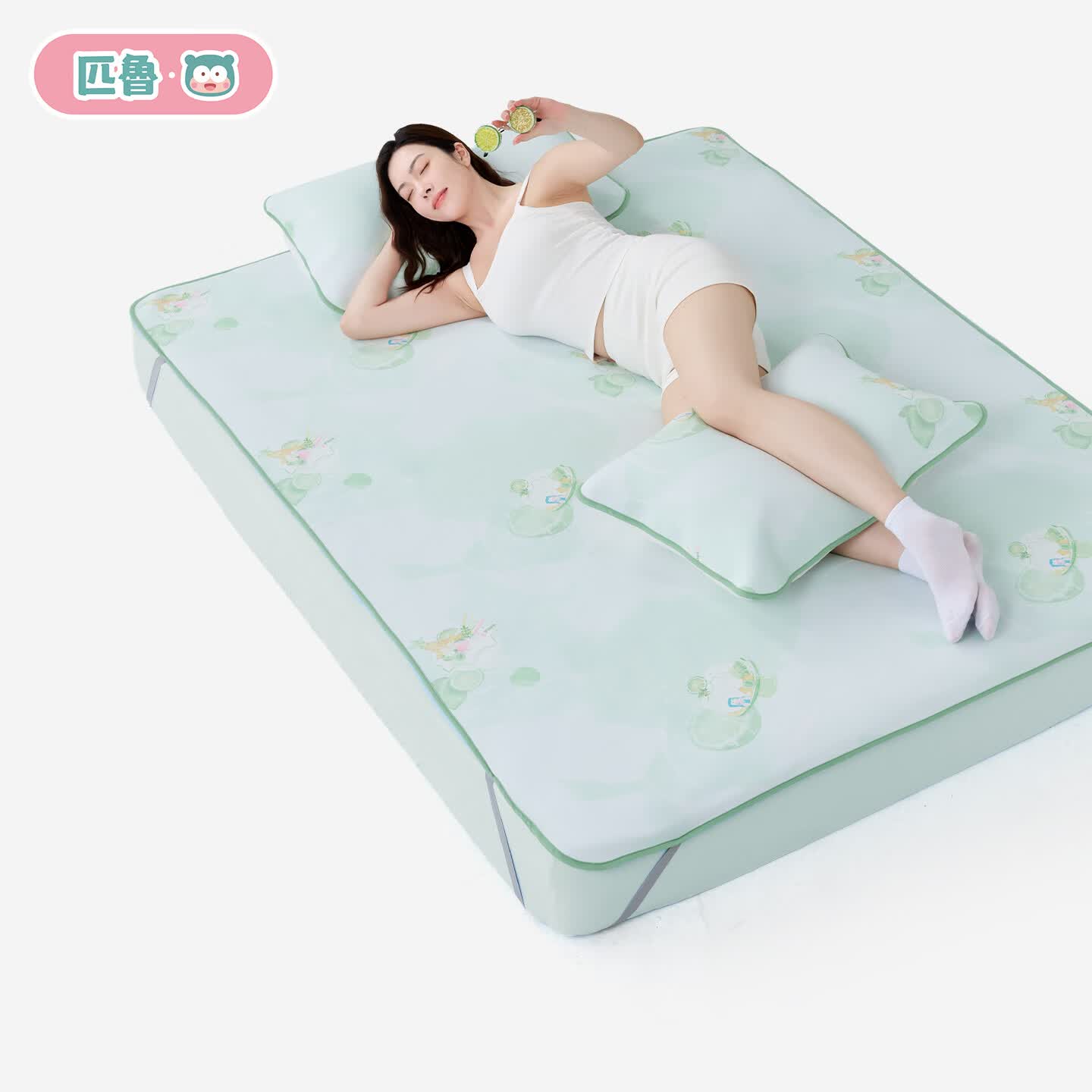 匹鲁儿童凉席婴幼儿A类抗菌可机洗折叠夏季家用双人空调凉感凉席件套 柠檬冰 120*200cm(两件套)
