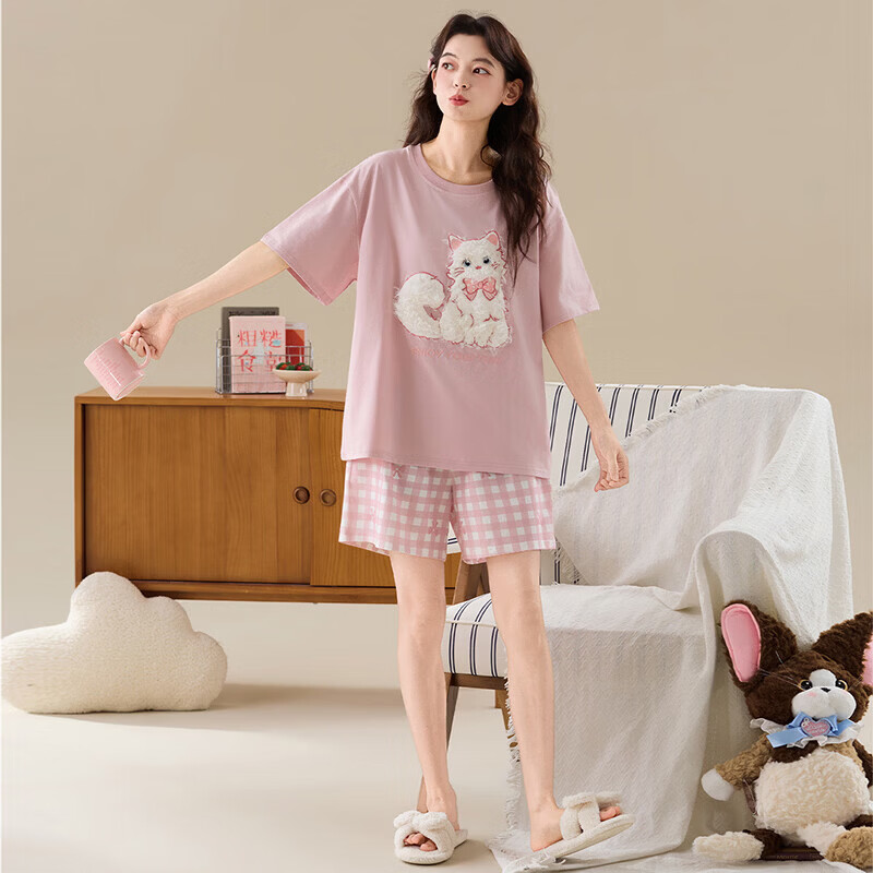 纯棉睡衣女款夏季2026新款短袖圆领可爱卡通腊肠狗家居服套装 Z44040 3XL