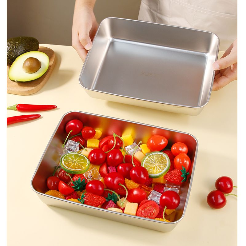易思迪不锈钢保鲜盒方形冰箱收纳盒带盖子烧烤凉菜盘果盘蒸鱼烤鱼盘 大号 不锈钢保鲜盒-3个装【带盖】