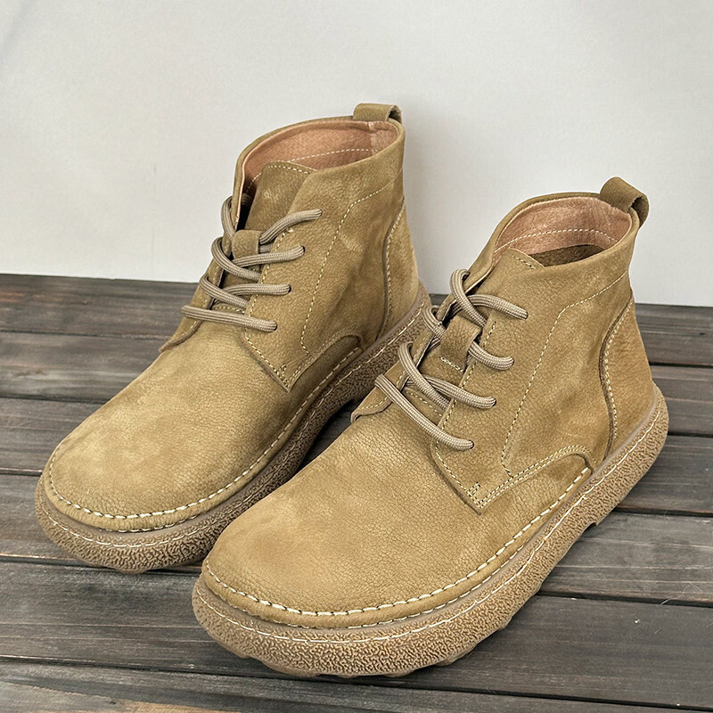 中帮马丁靴2025秋冬加绒保暖软皮软底系带工装短靴子 卡其色_加绒 45