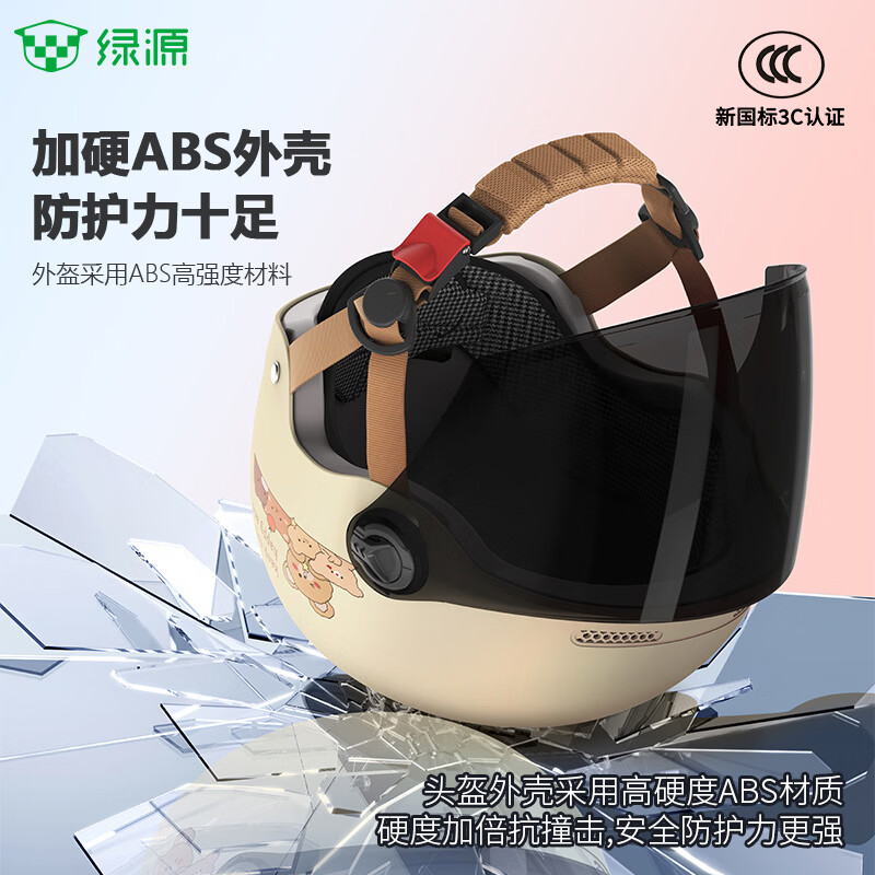 绿源（Luyuan）电动车摩托车头盔新国标3C认证安全成人通用五只小熊可爱春秋四季通用骑行安全帽 紫色-防晒长镜-带猫耳