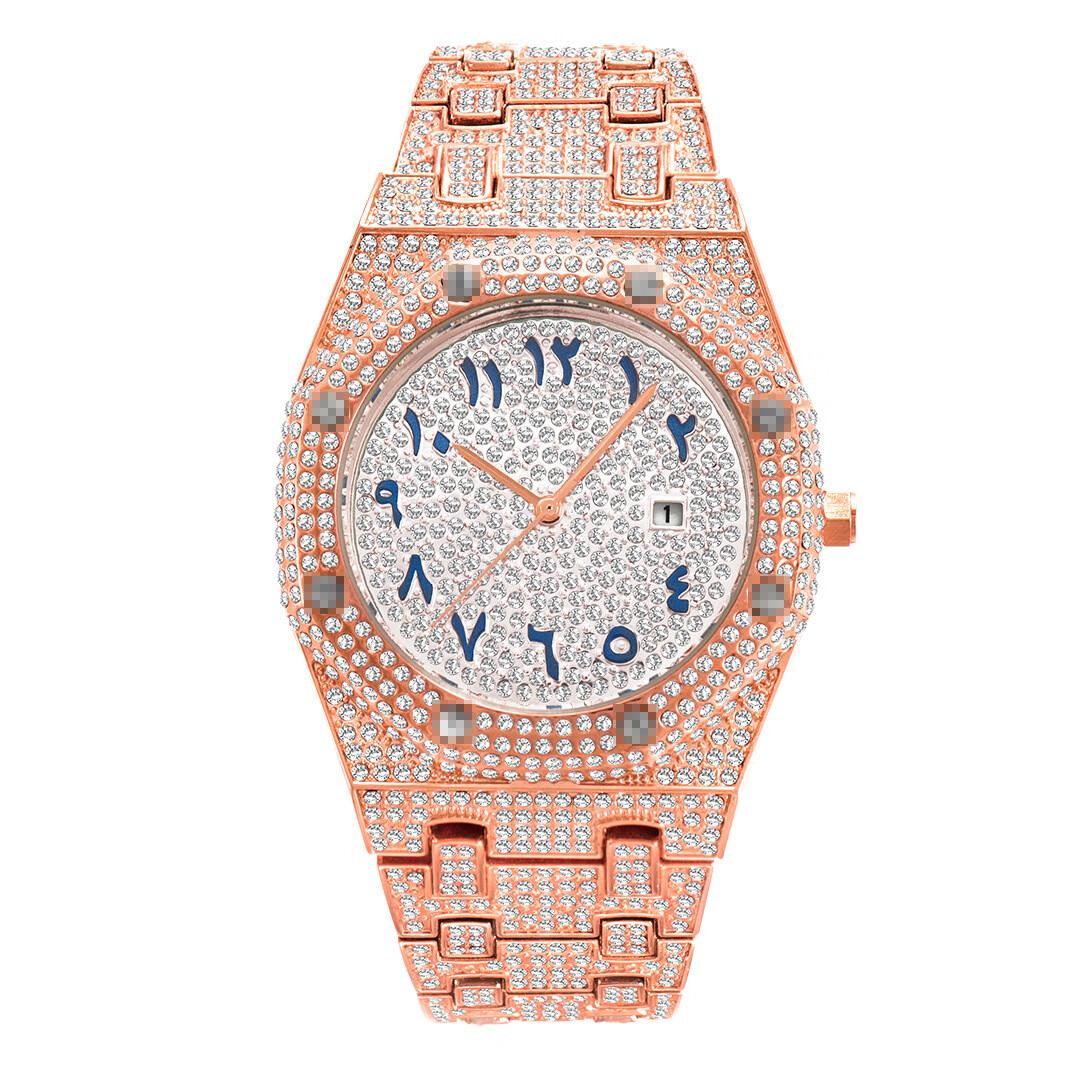 MISSFOX金色石英阿拉伯数字表面满钻男士手表绅士腕表时尚 V301石英