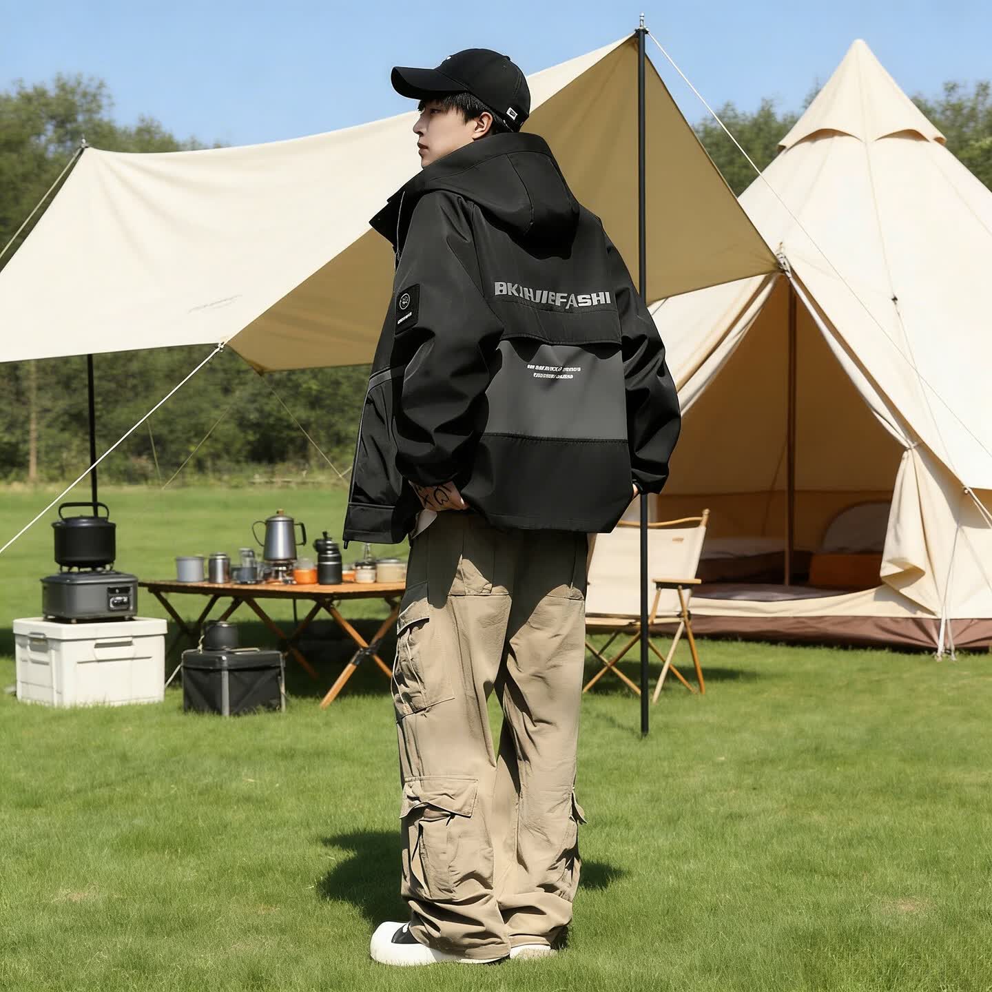 港诗伦户外冲锋衣外套男2026春装宽松百搭连帽运动休闲夹克外套上衣男装 黑色 常规 XL (175)