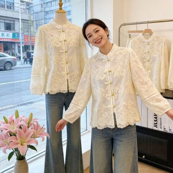 新中式国风蕾丝刺绣衬衫上衣女2026春季新款爆高级感洋气盘扣小衫 米白色 M 【建议85-100斤】