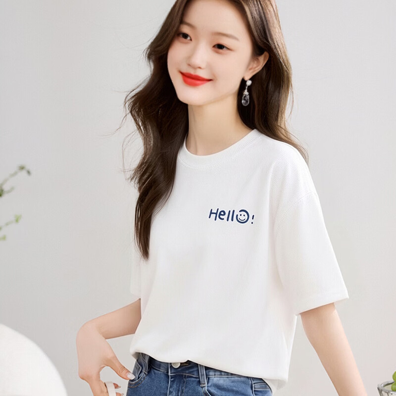 柯诗曼白色短袖T恤女圆领100%纯棉印花男女同款宽松显瘦时尚上衣情侣装 白色hello L 【110-125斤】