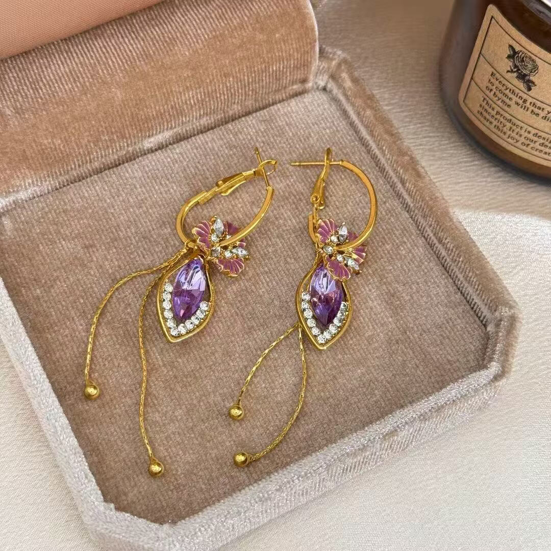 紫色超闪花朵流苏耳环2026新款潮气质百搭仙气女王长款耳饰女QC 紫气东来耳环【赠精美礼盒】 1对