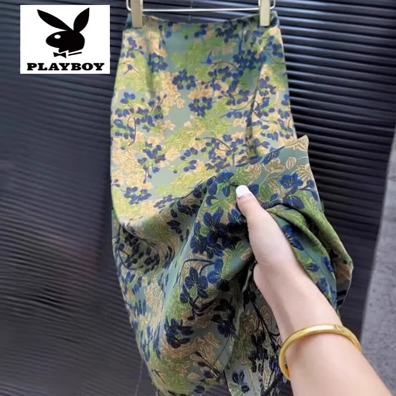 花花公子（PLAYBOY）美得移不开眼中国风复古气质直筒裙时尚百搭碎花高腰半身裙子女 绿色 M 建议96-105斤