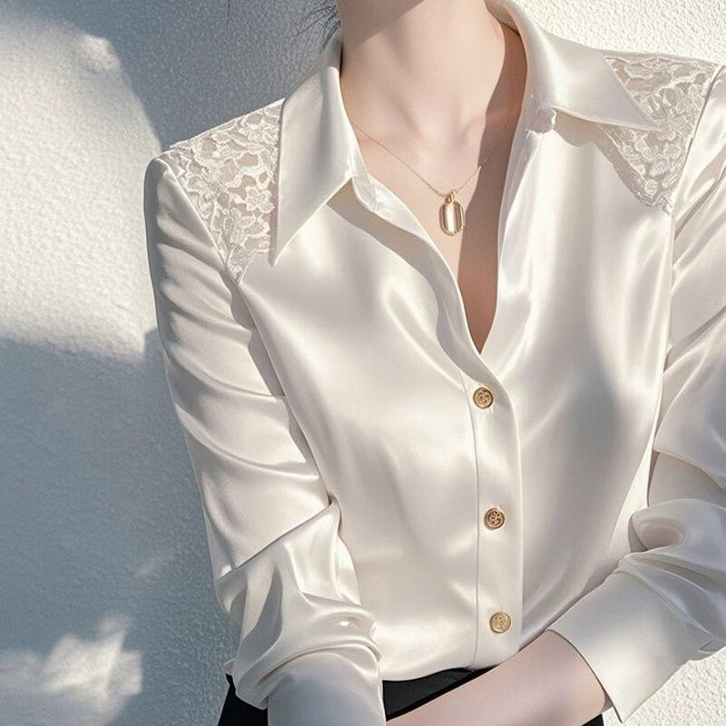 【轻奢品质】衬衫女26新款法式拼接蕾丝上衣时尚高级感内搭外穿 白色 XL （建议115-130斤）