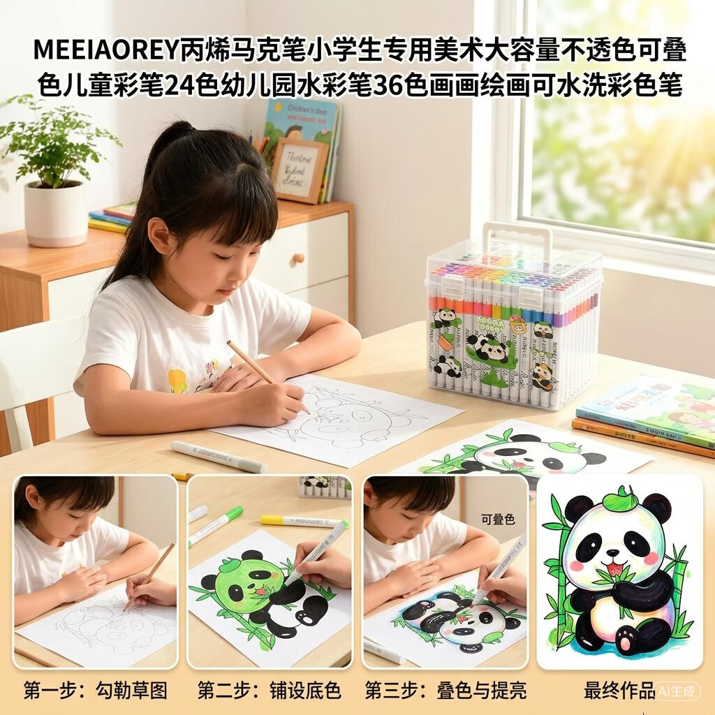 MEEIAOREY丙烯马克笔小学生专用美术大容量不透色可叠色儿童彩笔24色幼儿园水彩笔36色画画绘画可水洗彩色笔 【全套36色】加墨100%-速干可叠色送贴纸 【粗杆】可叠色可水洗