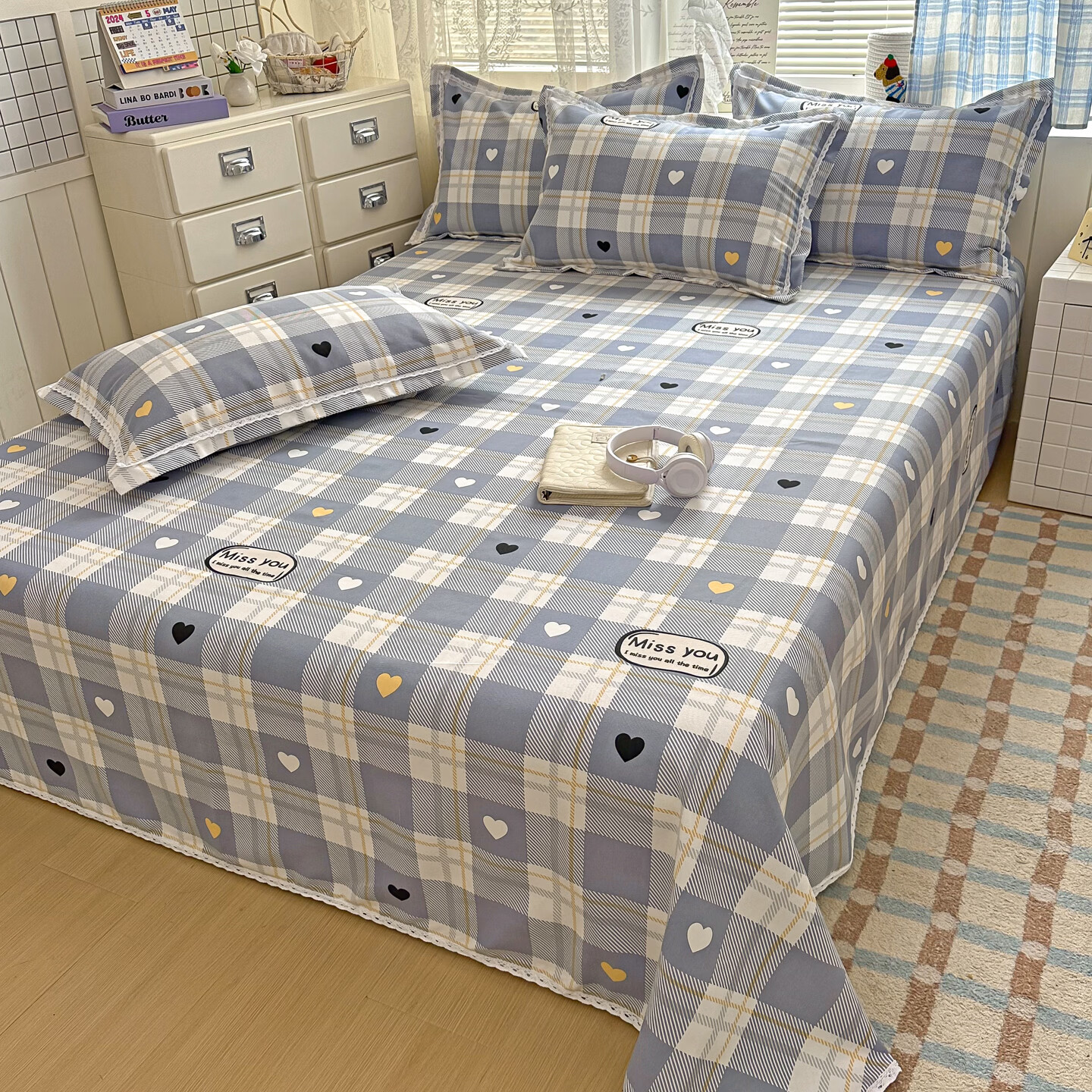 多兰诗（Duolanshi）原棉老粗布床单 加厚可水洗机洗单双人被单老粗布凉席 简爱 200cm*230cm 床单+2只枕套