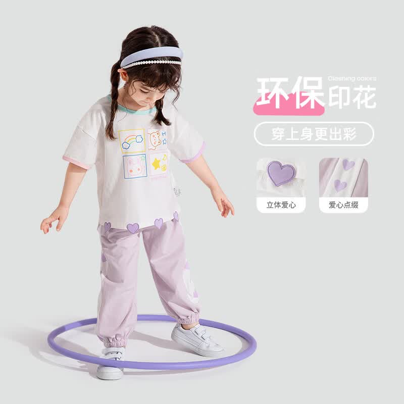 JELLYBABY【拼接撞色运动套装】夏款开学季女童T恤宝宝防蚊裤子休闲两件套 紫色 80 80CM