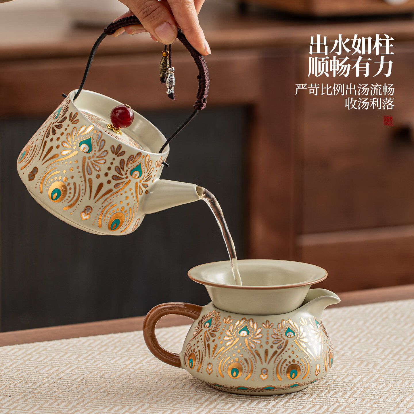 文枝敦煌汝窑功夫茶具套装家用办公室高档盖碗茶杯整套新年节日送礼品 古韵敦煌提梁壶9件套+礼盒