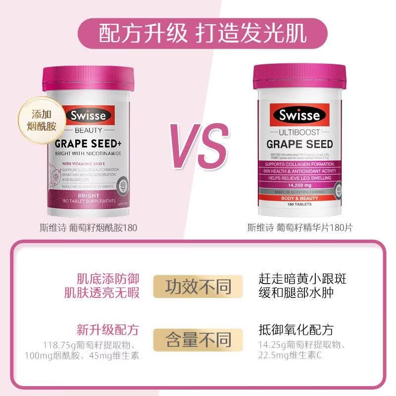 SWISSE澳洲葡萄籽精华片180/300粒白皙抗氧化斑原美白维生素C 领劵【烟酰胺葡萄籽】180粒澳 1mg*1罐