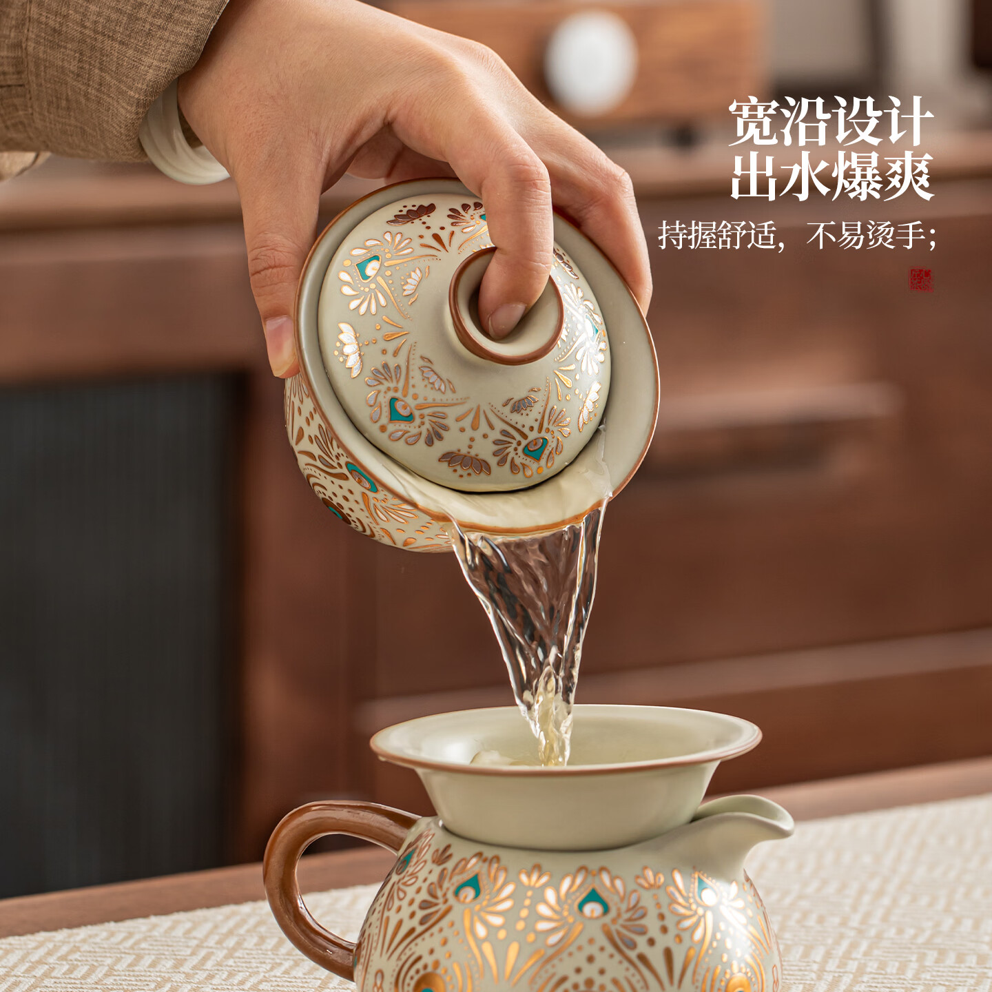 文枝敦煌汝窑功夫茶具套装家用办公室高档盖碗茶杯整套新年节日送礼品 古韵敦煌提梁壶9件套+礼盒